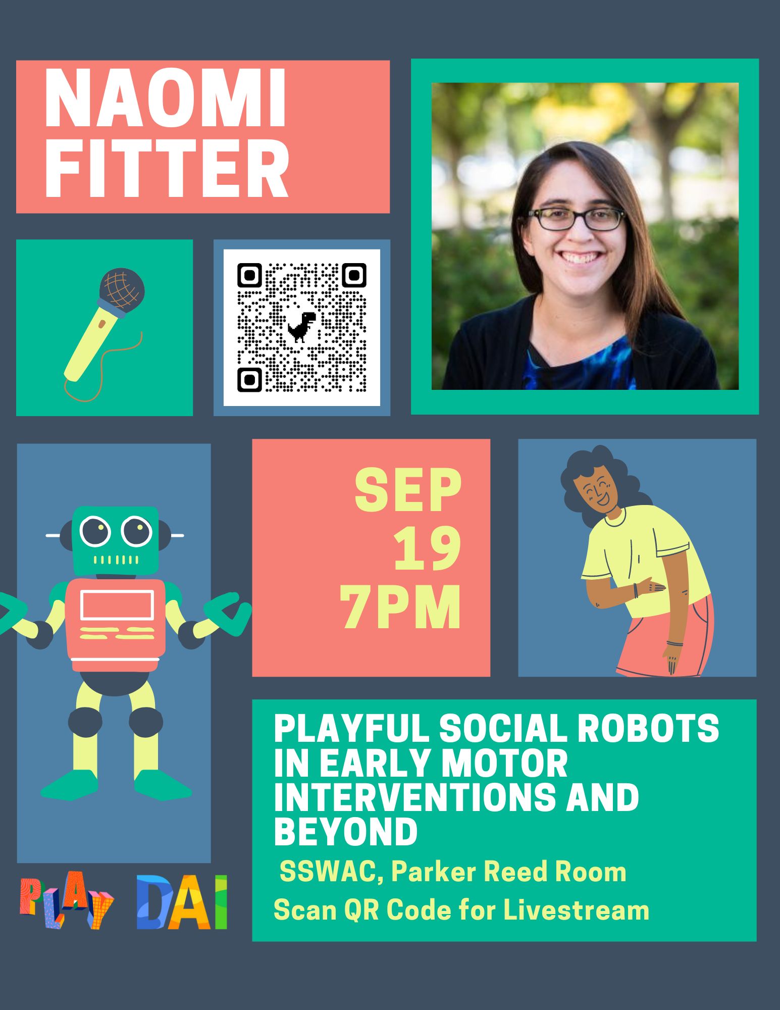 Event poster featuring Naomi Fitter, details on social robots in interventions, date, time, and QR code for livestream.