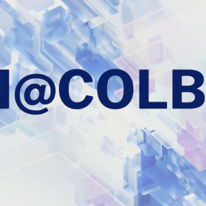 Graphic featuring AI@COLBY in large blue text against an abstract background of blue and purple geometric shapes.