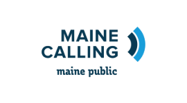 Logo for Maine Calling, with Maine Calling in bold letters and maine public underneath, featuring a blue sound wave symbol.